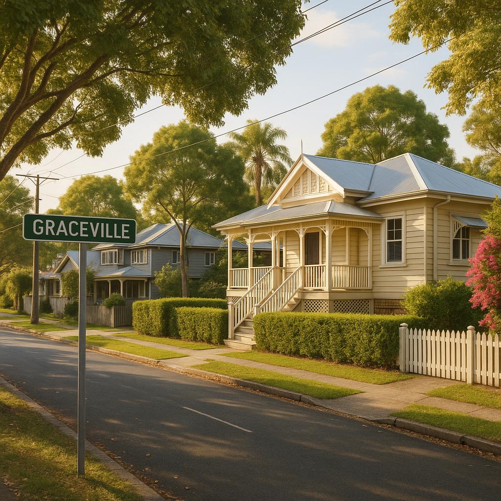 Leafy Graceville street with character homes in Brisbane's inner west