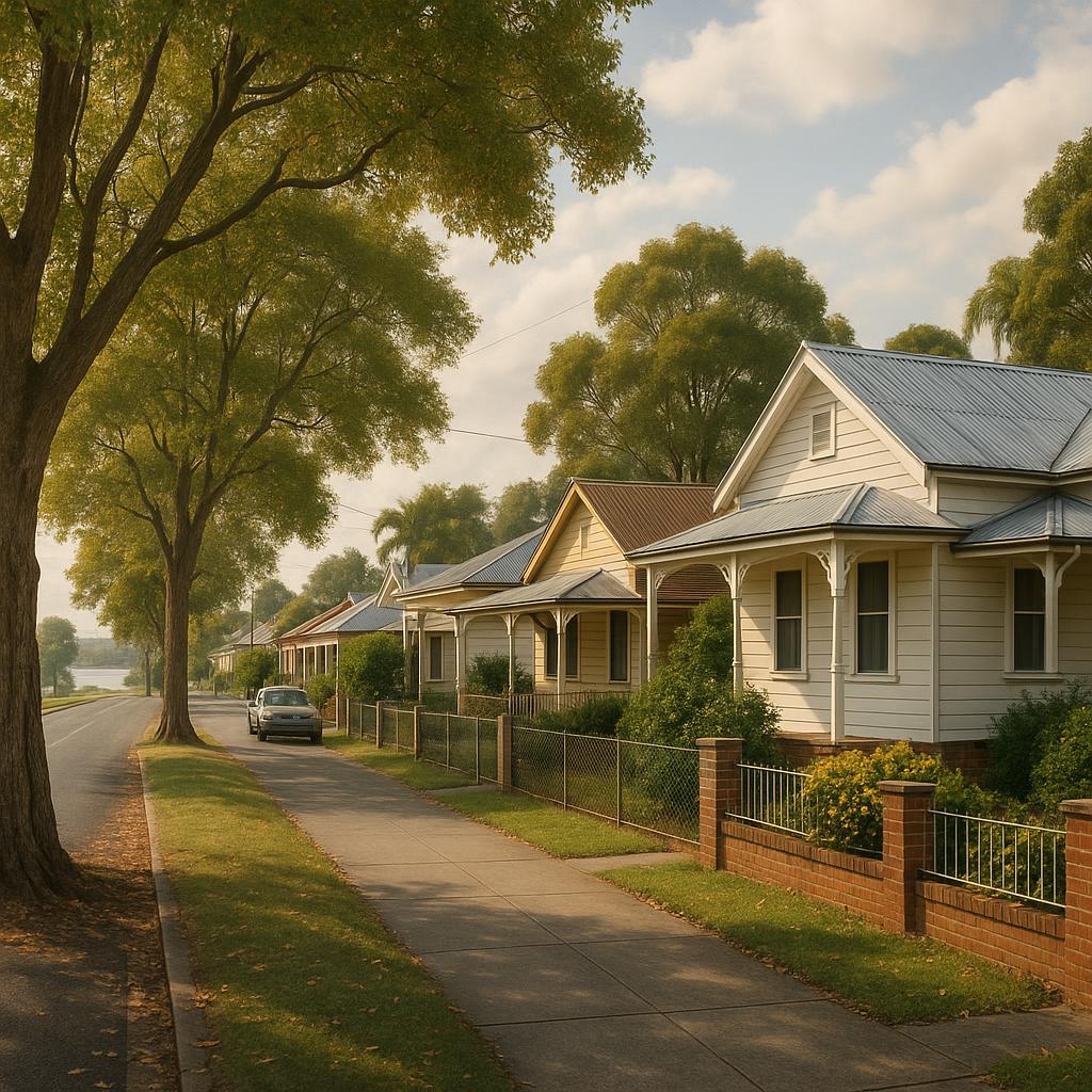 Regional NSW streetscape with classic homes and leafy trees in a river-town setting