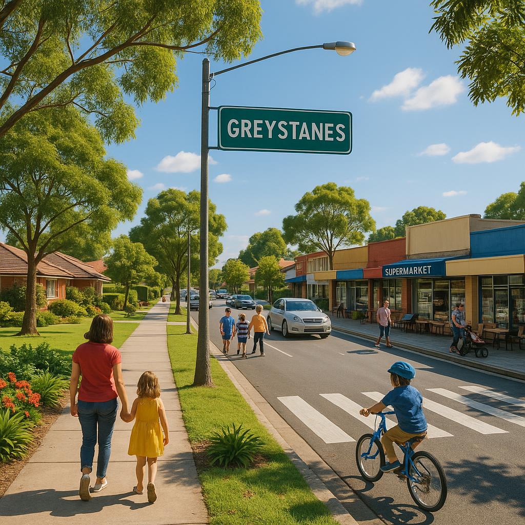 Street view of Greystanes with parks and shops