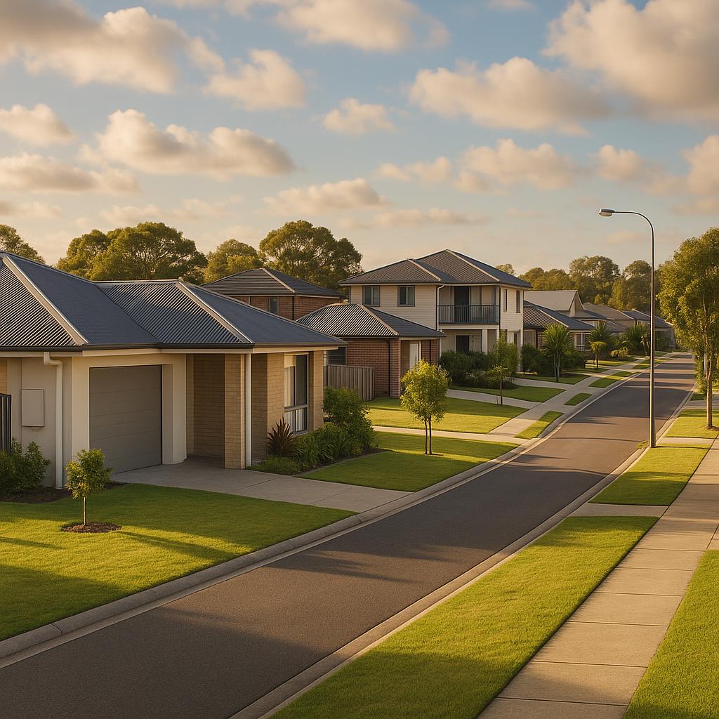 Modern suburban street in Griffin QLD with detached homes and neat lawns
