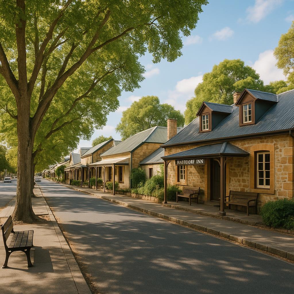 Hahndorf village streetscape with heritage cottages and leafy Adelaide Hills atmosphere