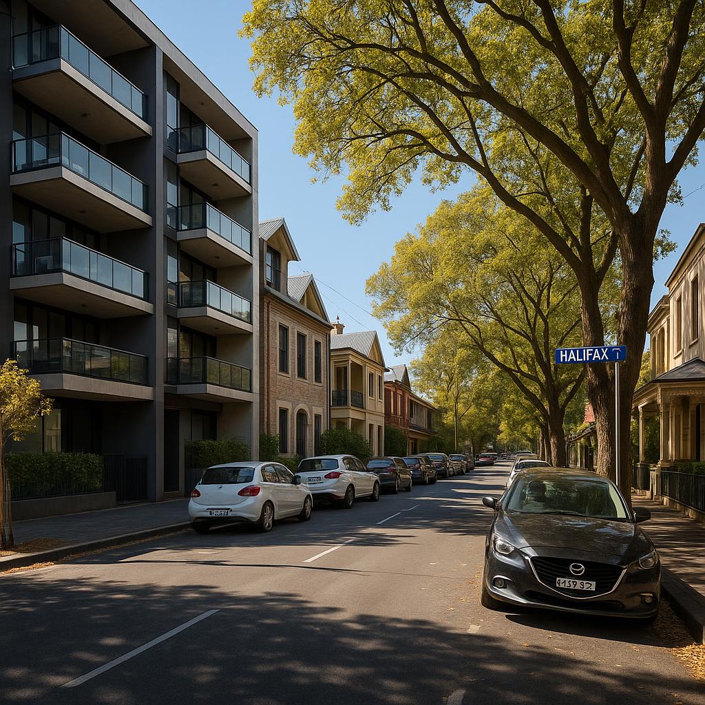 Halifax Street Adelaide inner-city streetscape with apartments and townhouses