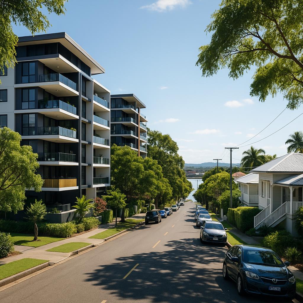 Hamilton Brisbane streetscape with apartments and leafy inner-city character