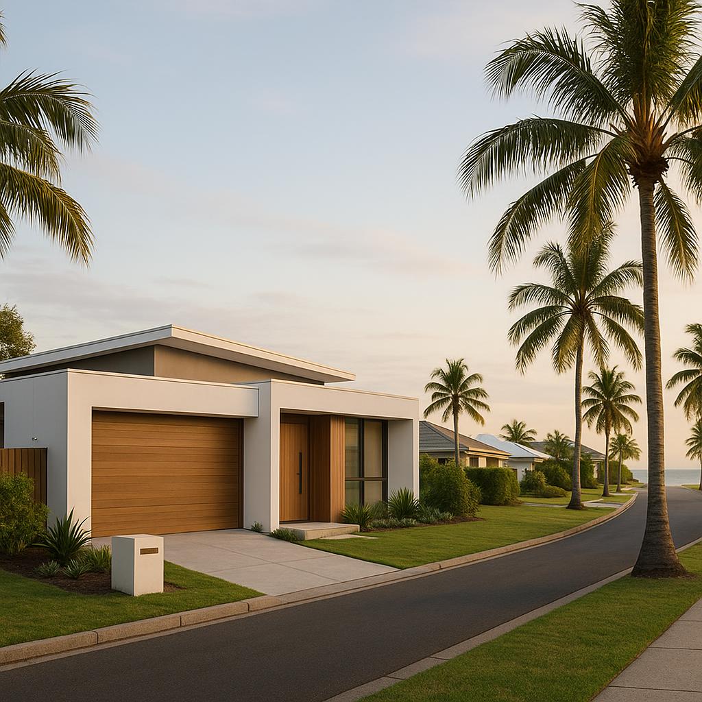 Coastal Hervey Bay street with a modern home and tropical setting