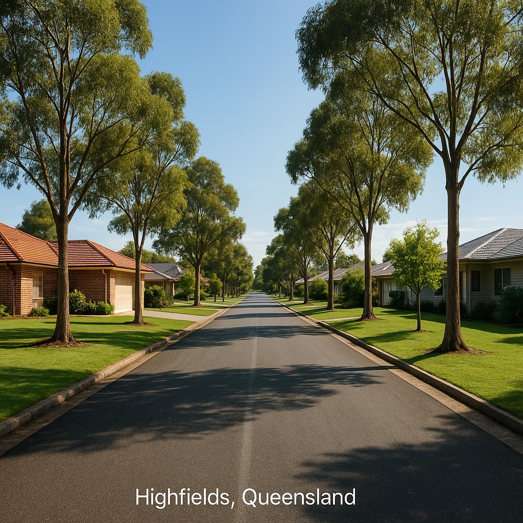 Highfields QLD suburban streetscape with detached homes and a quiet family-friendly feel