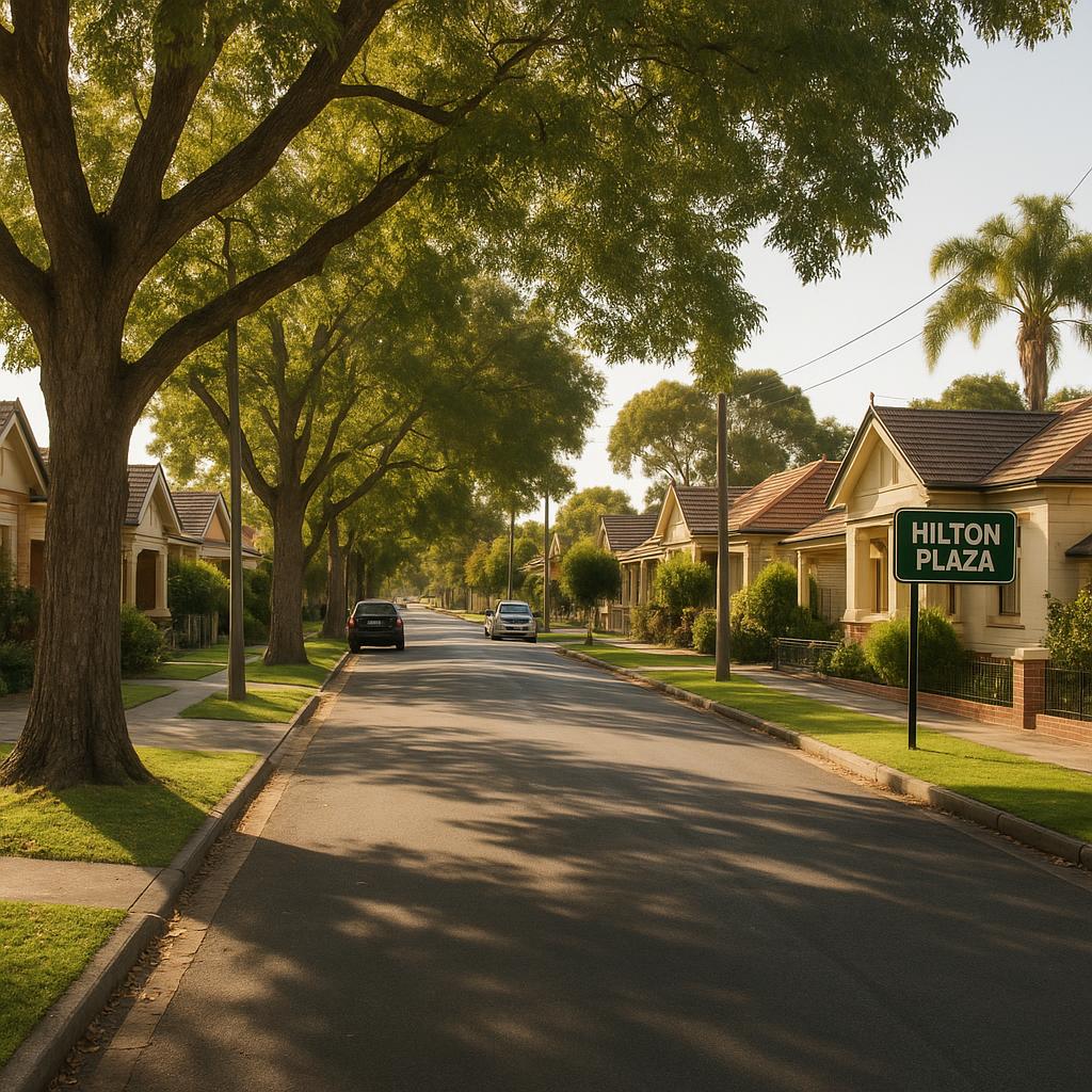 Hilton Plaza SA streetscape with established homes and leafy verges