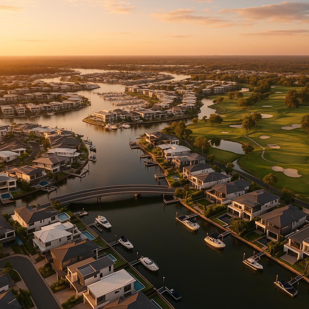 Aerial view of Hope Island waterways, marina, and golf-course homes