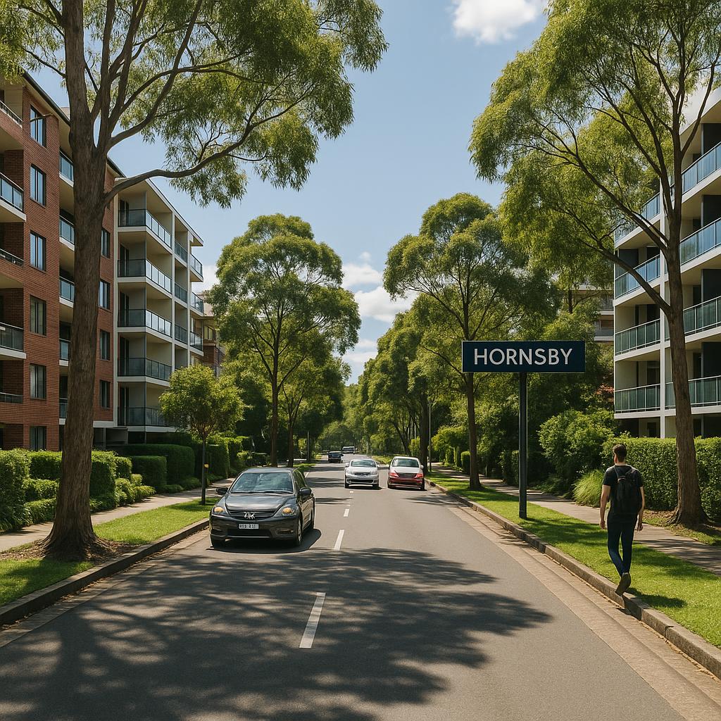 Hornsby NSW suburb streetscape with apartments and leafy commuter-friendly surroundings