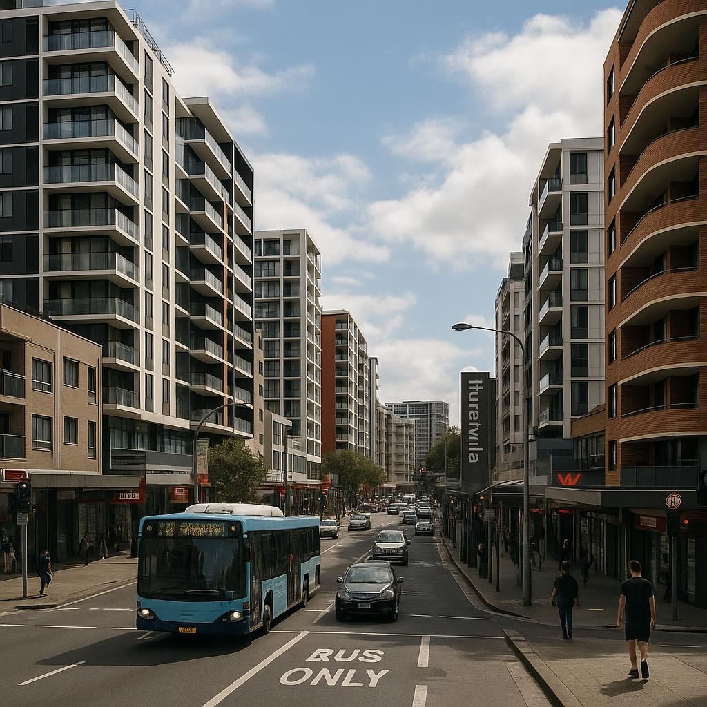 Hurstville NSW streetscape with modern apartments near the transport and retail hub