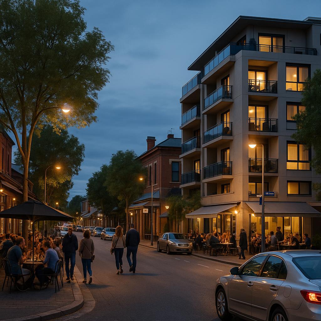 Inner-city Adelaide streetscape near Hutt Street with cafes and apartments