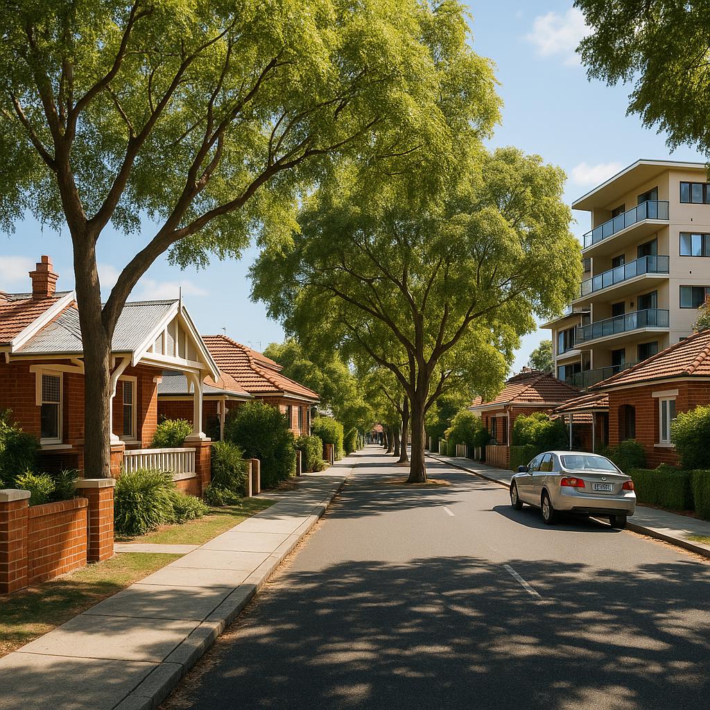 Established Perth suburb street with character homes and apartments