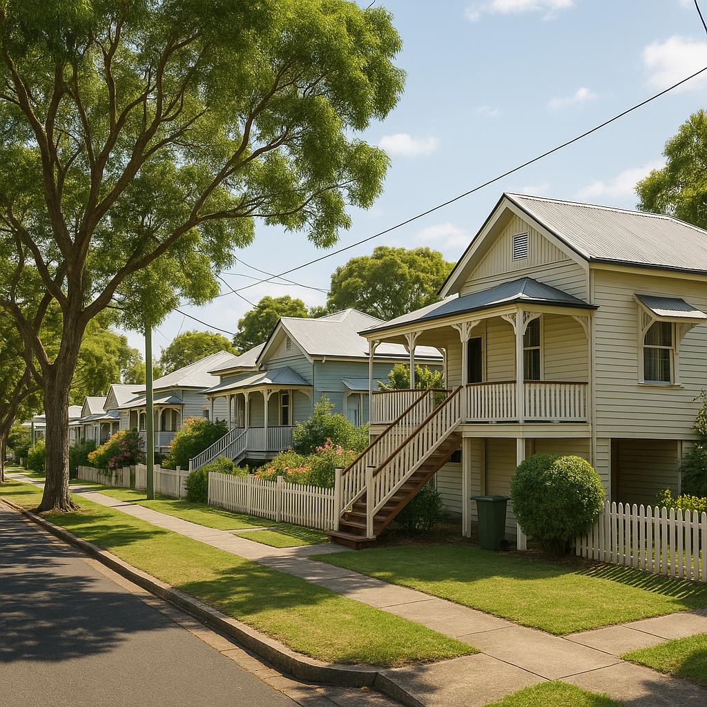 Established Ipswich residential street with Queenslander-style homes and leafy trees