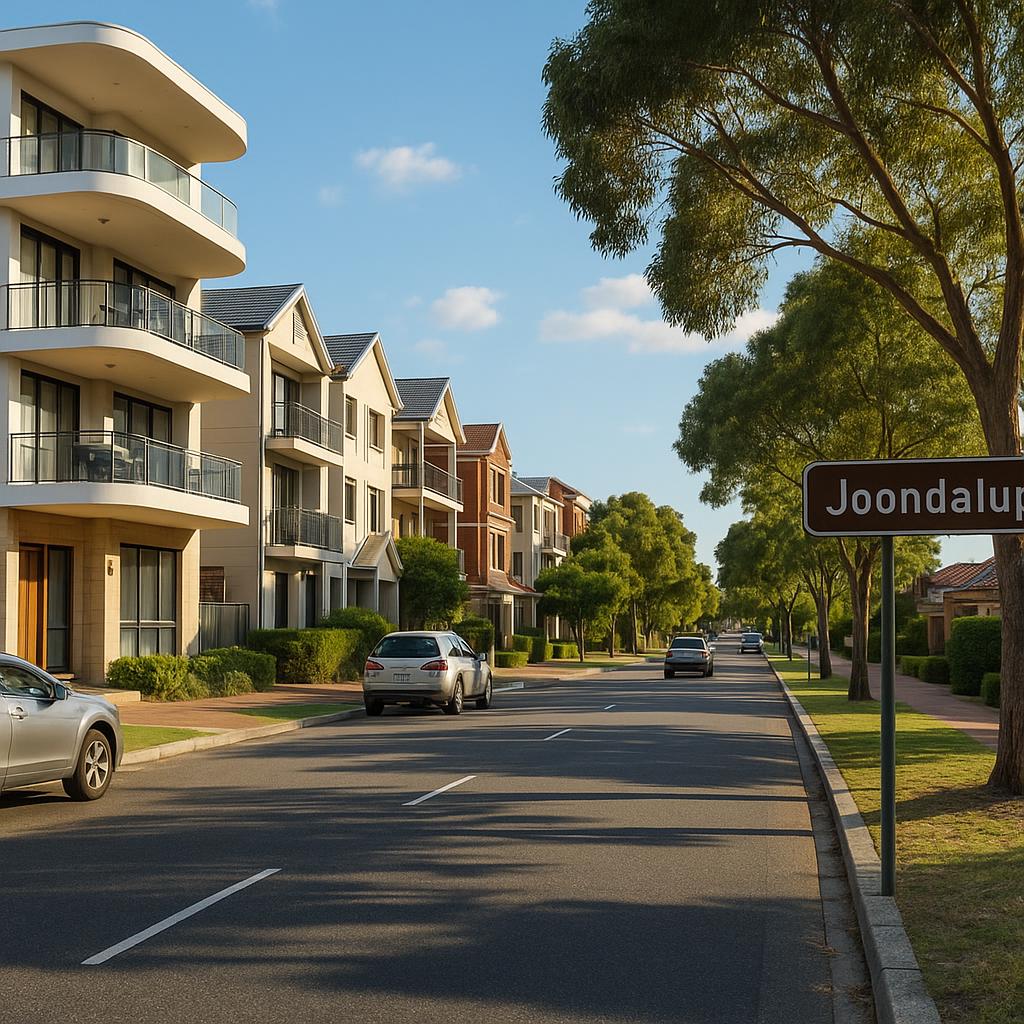 Joondalup WA suburban streetscape with apartments and townhouses