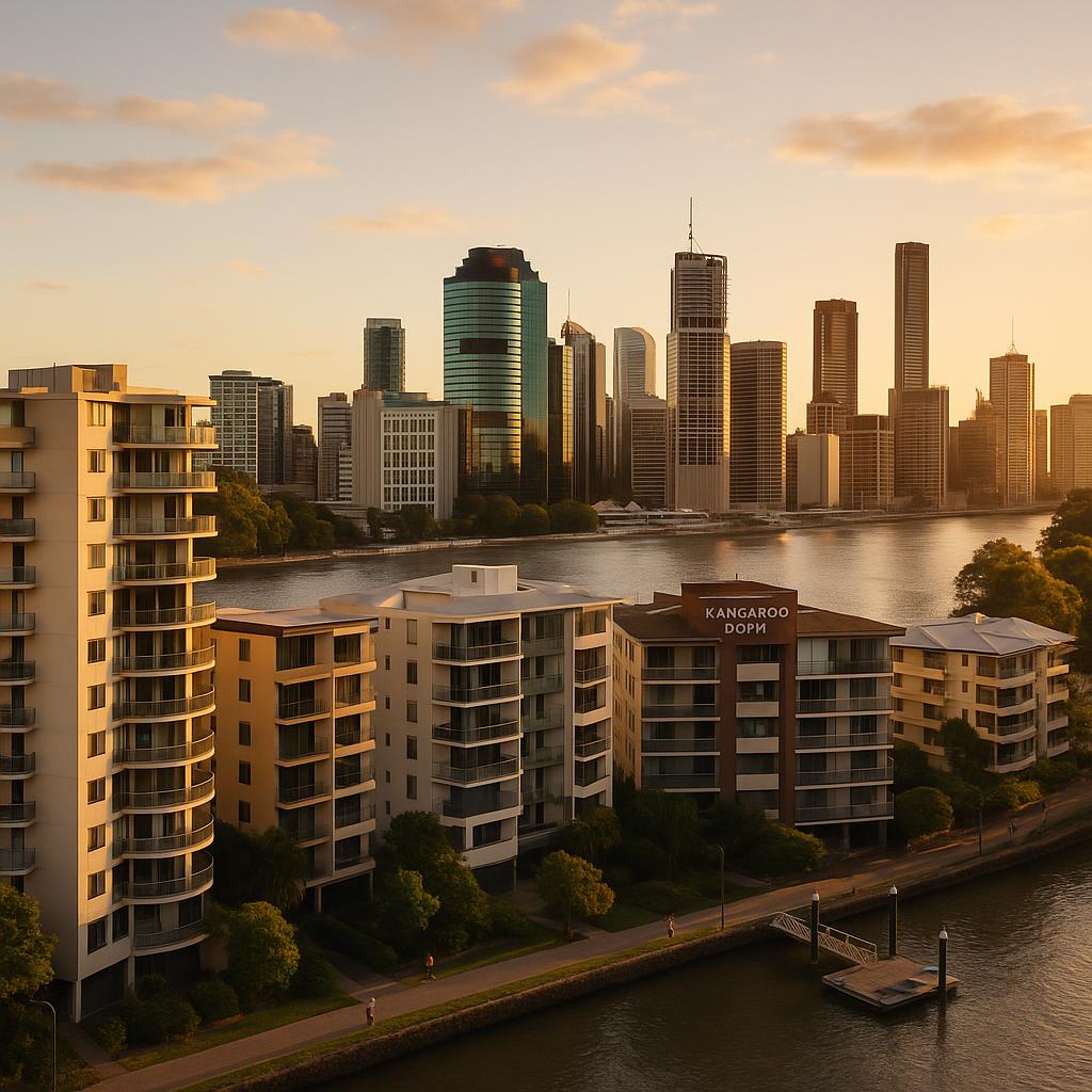 Kangaroo Point riverfront apartments with Brisbane skyline at sunset