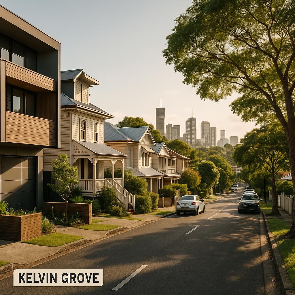 Kelvin Grove inner Brisbane street with mixed housing and leafy streets