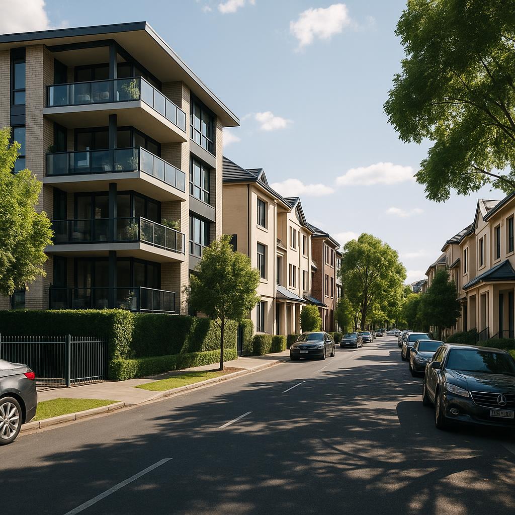 Inner Adelaide city-fringe streetscape with low-rise homes and apartments