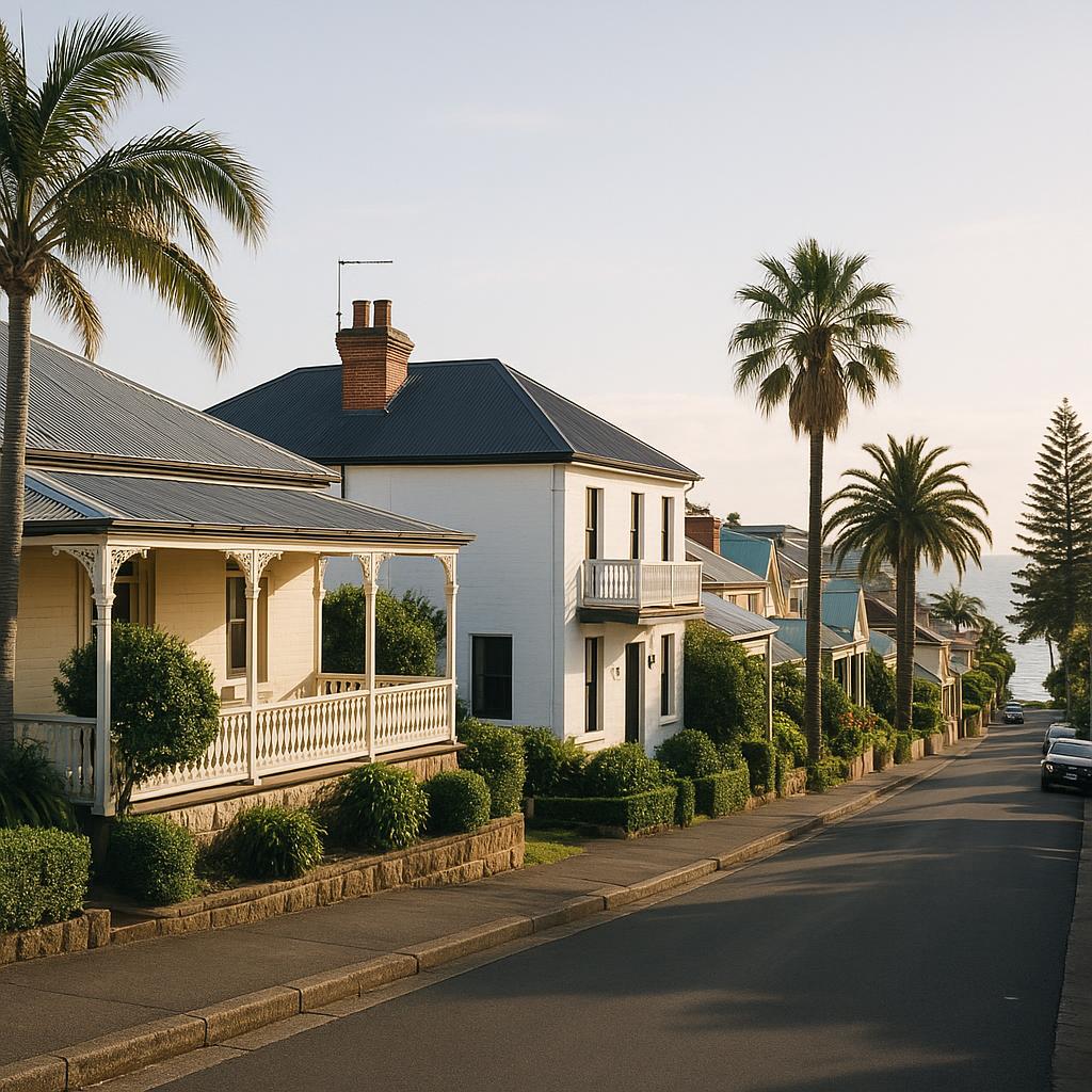 Kiama coastal streetscape with heritage homes and ocean light
