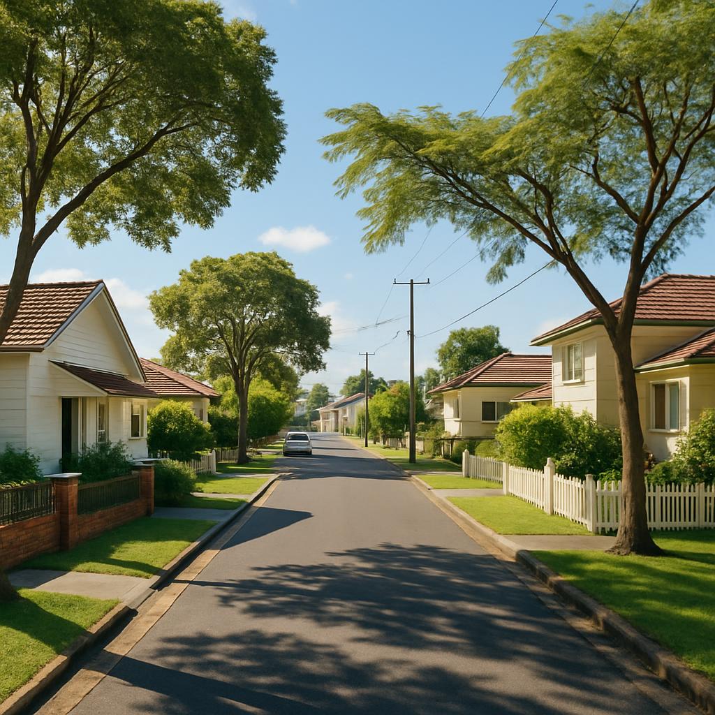 Established Queensland suburb streetscape with detached homes and mature trees