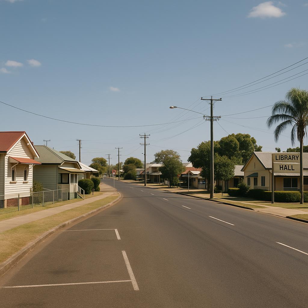 Regional Queensland town streetscape with practical houses and community amenities
