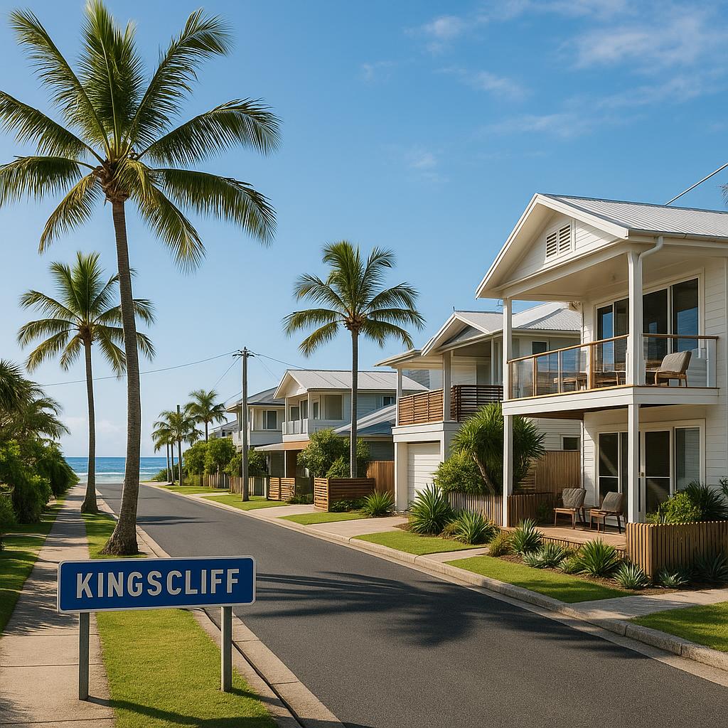 Kingscliff coastal village streetscape with beachside homes and palms