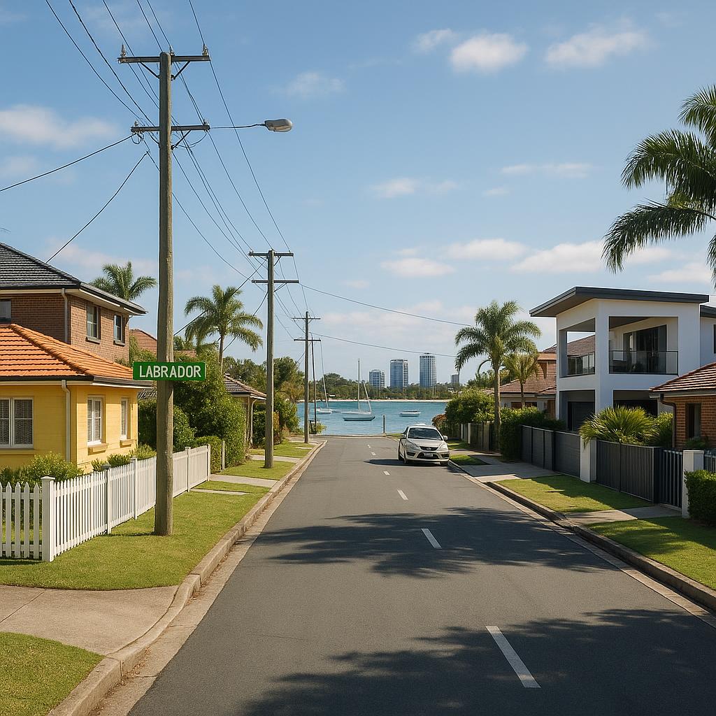 Photorealistic Labrador QLD streetscape with mixed housing and a coastal-fringe feel