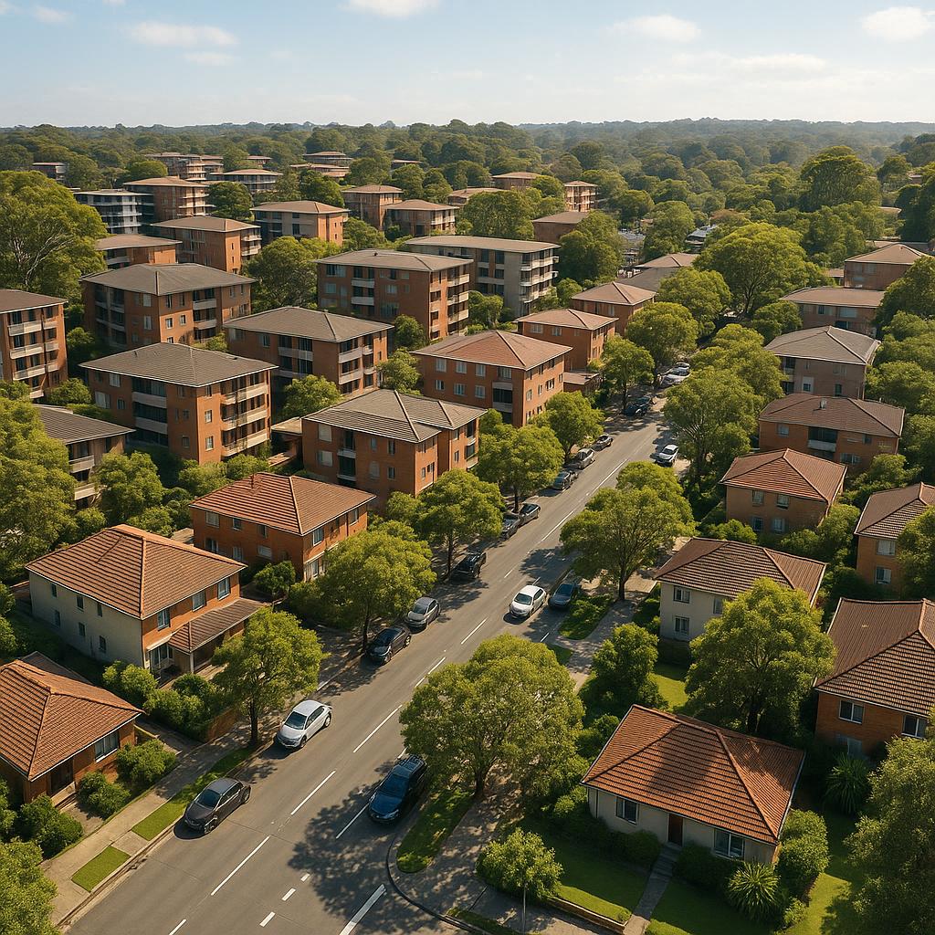 Leafy Lane Cove NSW streetscape with low-rise homes and village feel