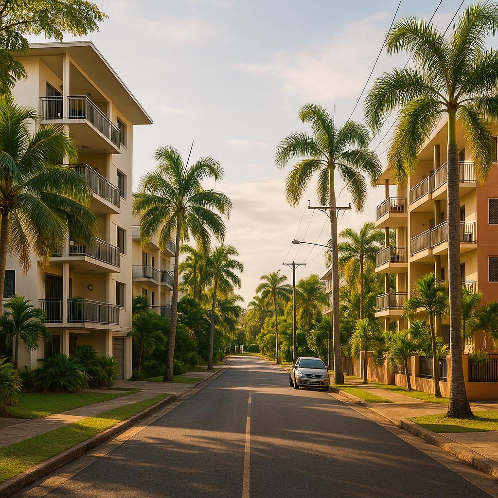 Inner Darwin streetscape with low-rise apartments and tropical urban character