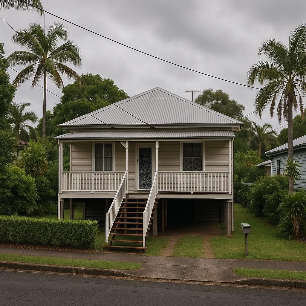 Photorealistic Lismore residential street with elevated homes and subtropical greenery