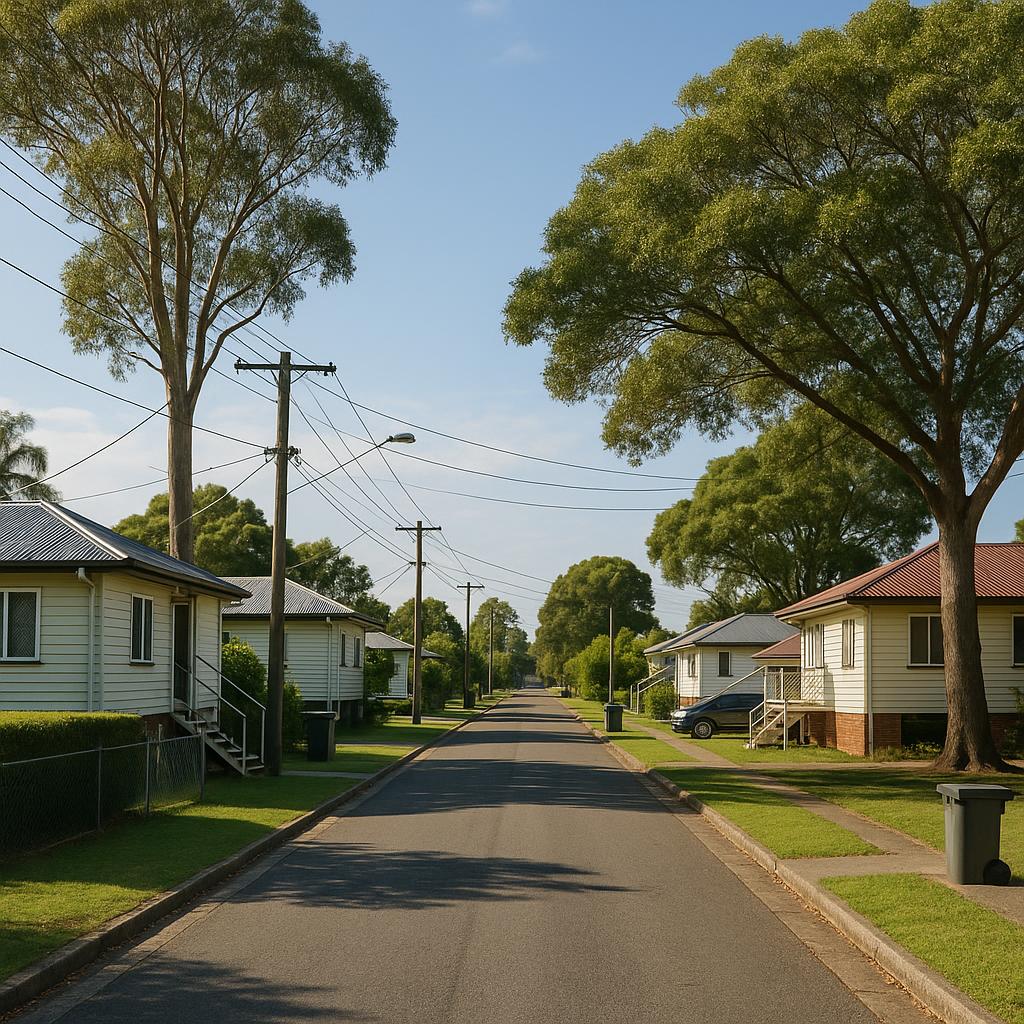 Established Queensland suburban street with older homes and mature trees