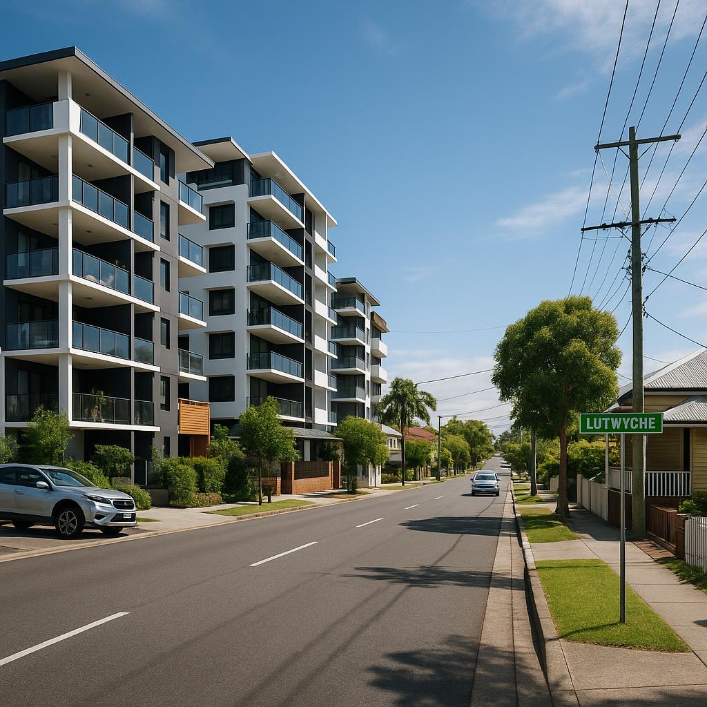 Lutwyche streetscape with mixed homes and apartments