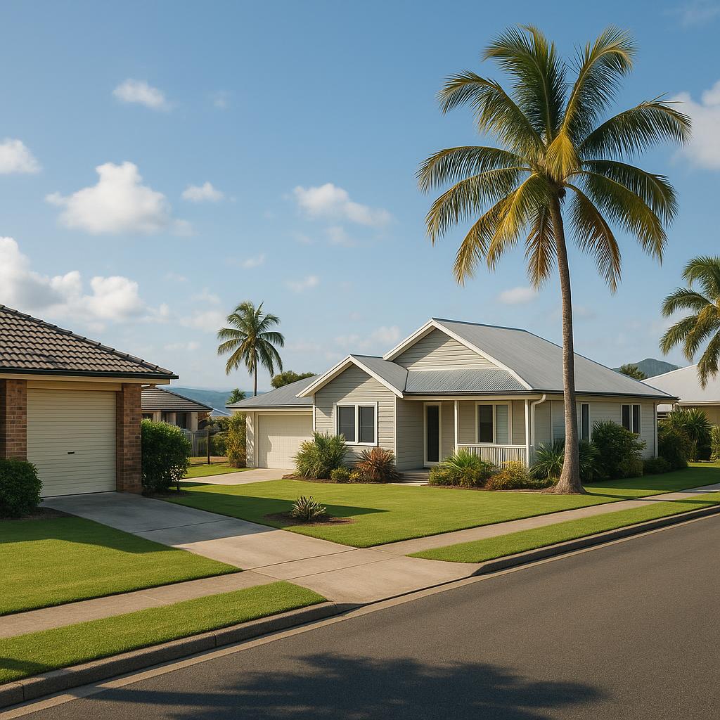 Photorealistic Mackay residential streetscape with tropical light