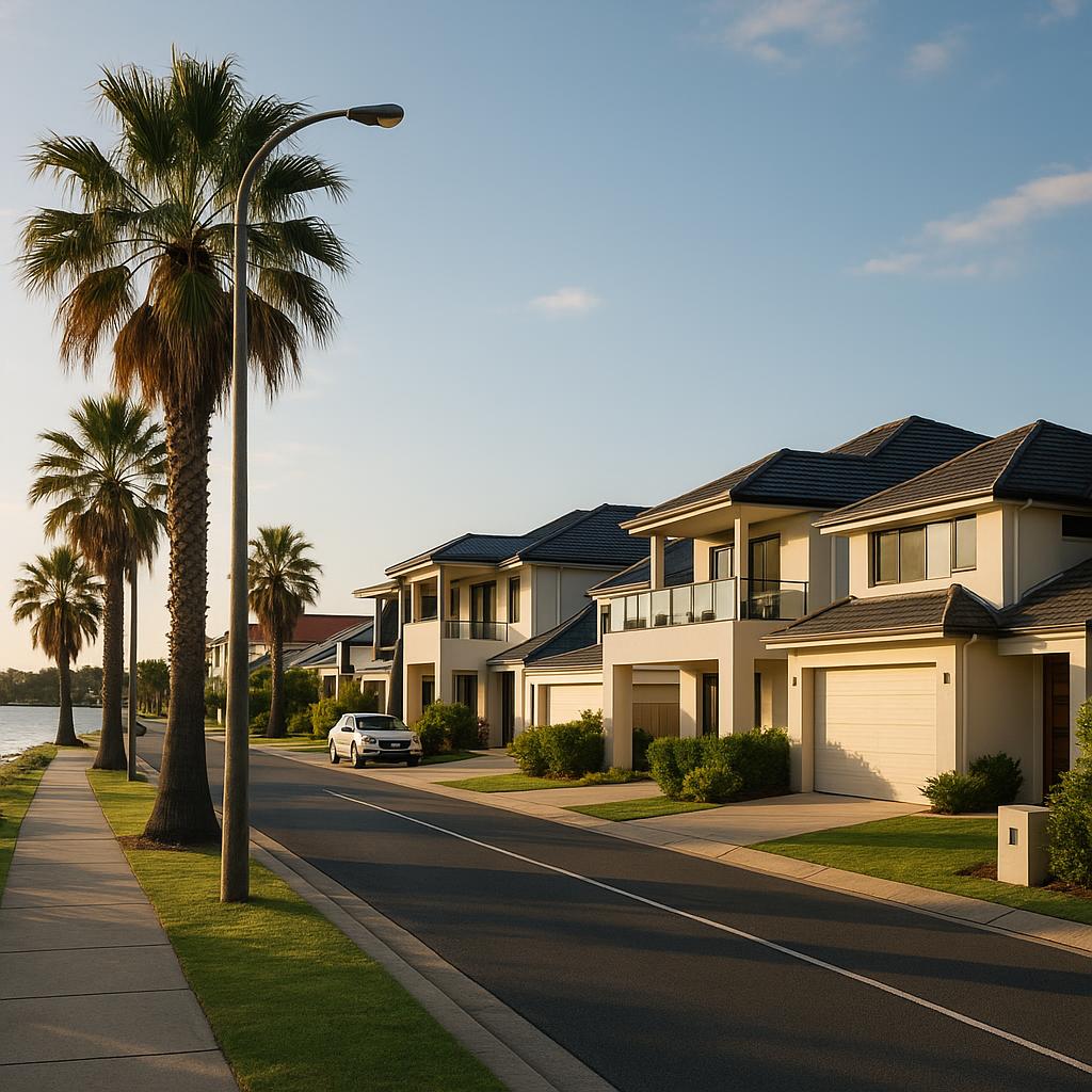 Coastal residential street in Mandurah WA with modern homes and palms