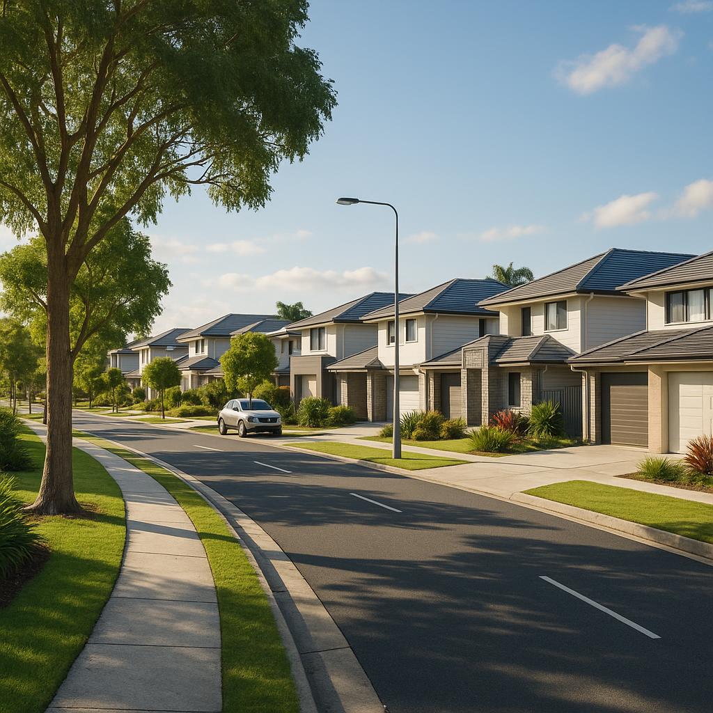Modern suburban Queensland streetscape with family homes and leafy verge