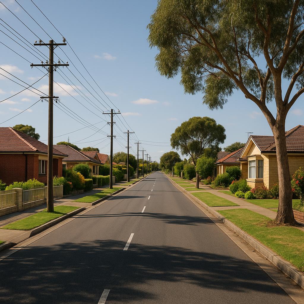 Photorealistic Marion suburb streetscape with practical homes and neat front gardens