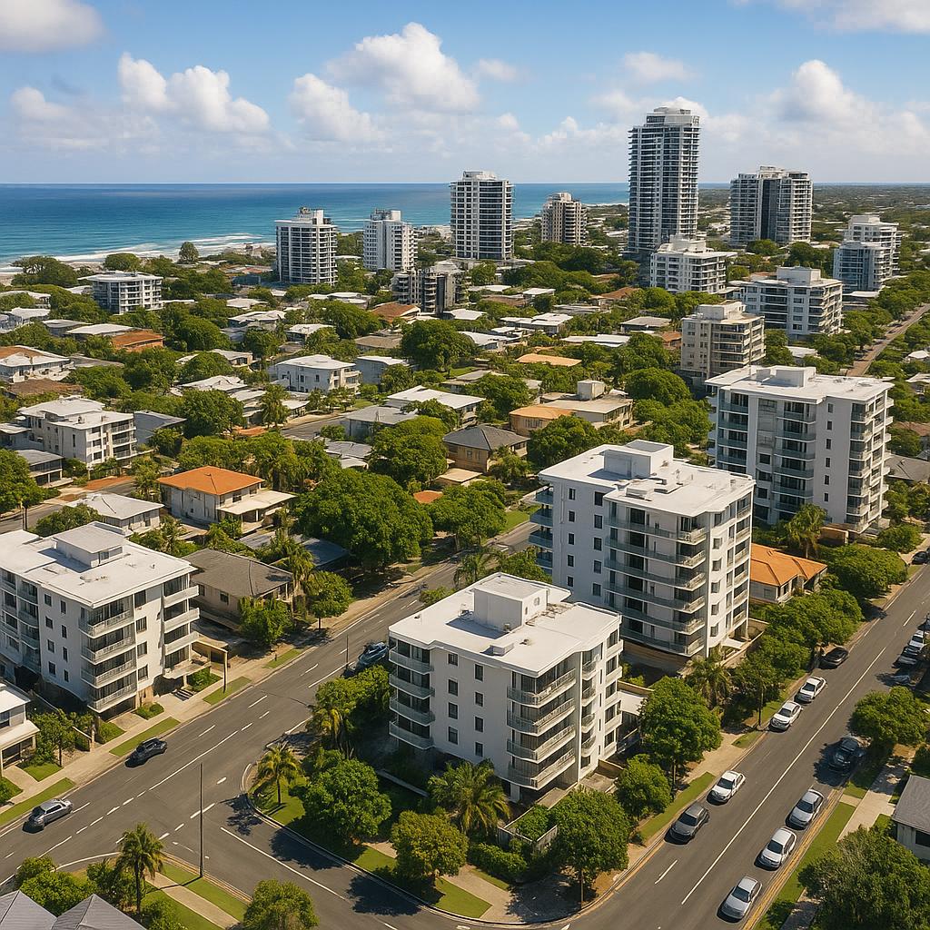 Aerial view of Maroochydore's mixed coastal-urban streetscape