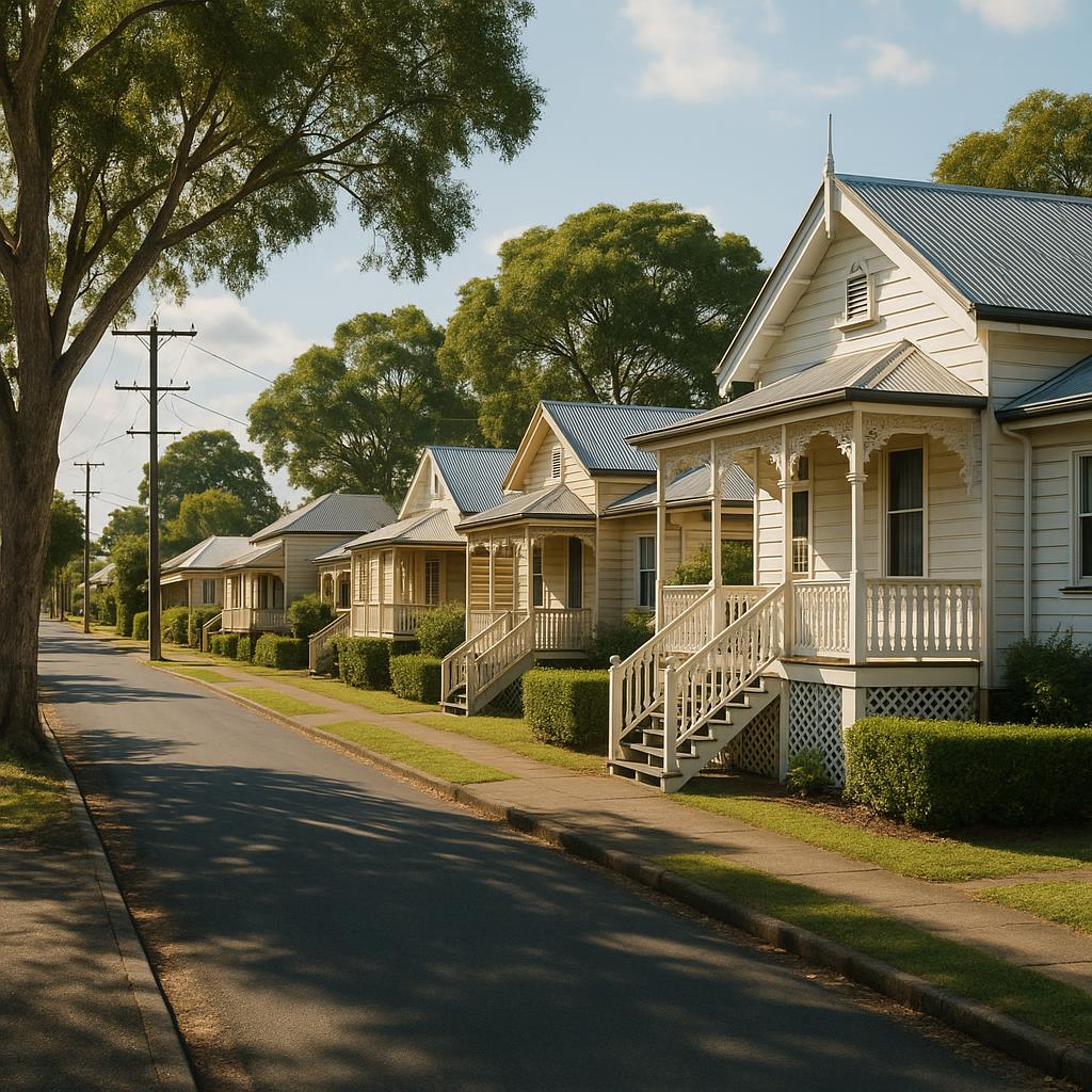 Heritage Queenslander streetscape in Maryborough with mature trees and quiet regional character