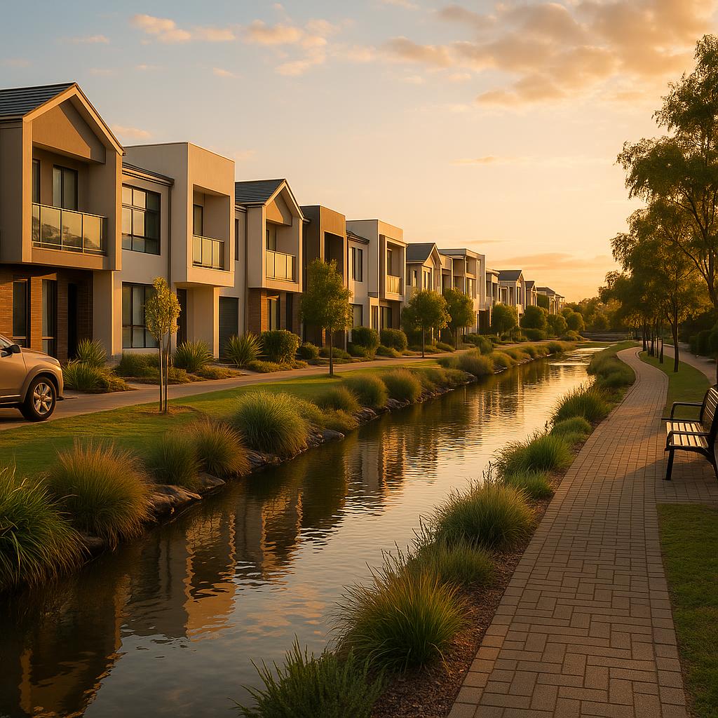 Mawson Lakes modern streetscape beside waterway and townhouses