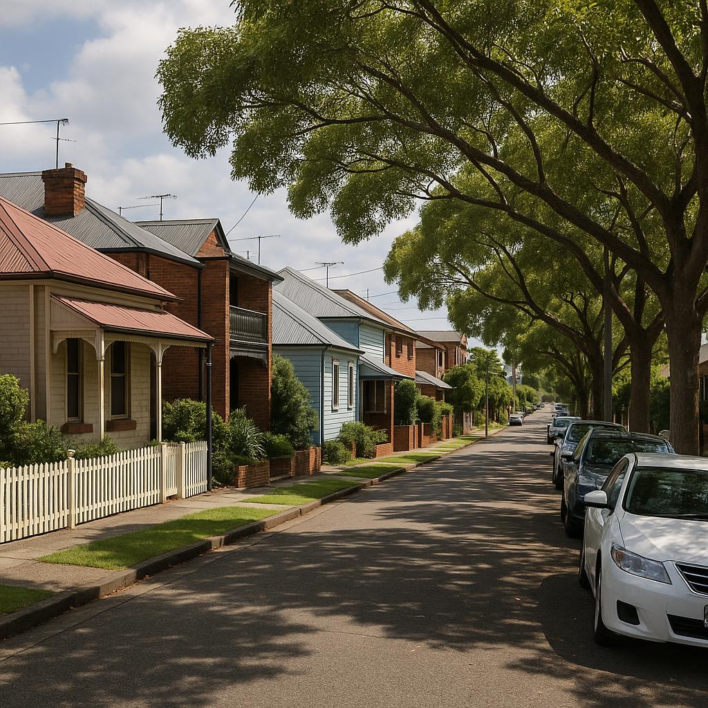Established Newcastle street with mixed homes and leafy trees