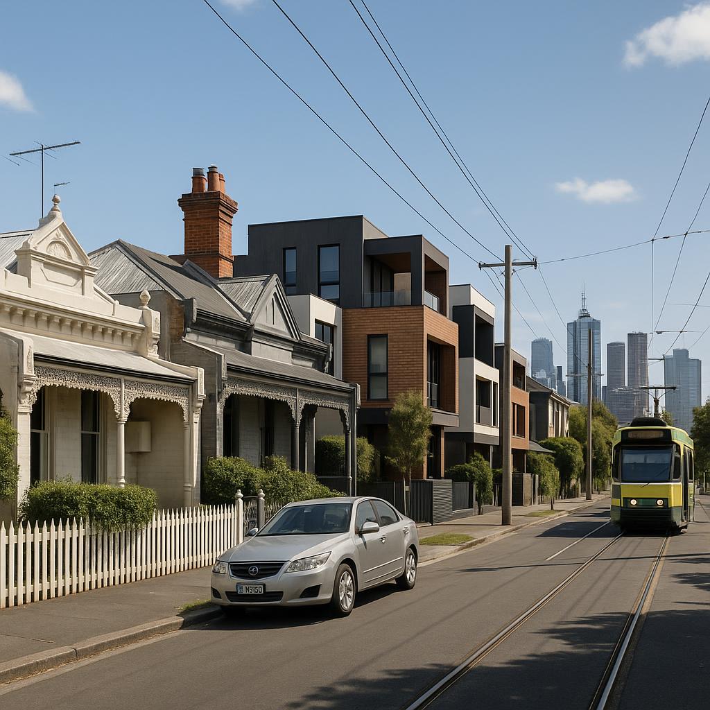 Melbourne suburb streetscape with mixed housing and transport context