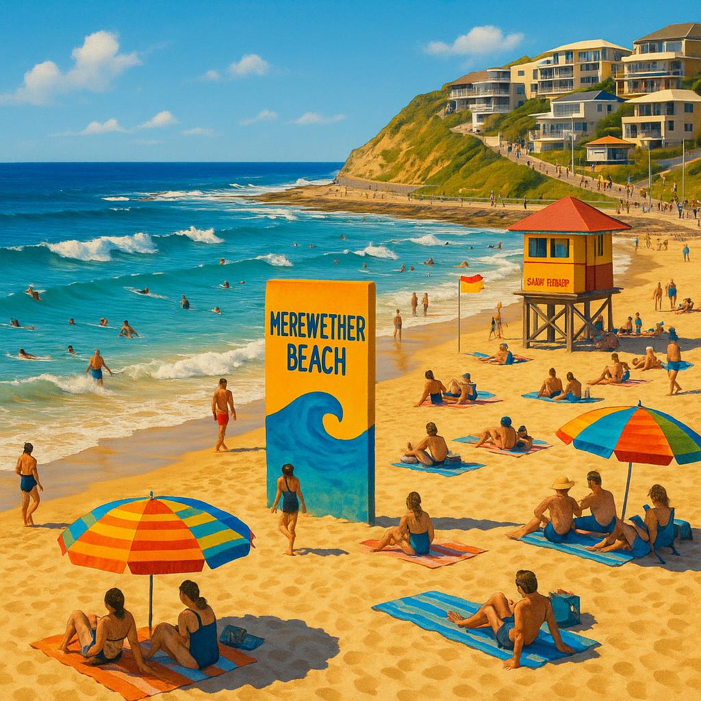 Merewether Beach with surfers and families