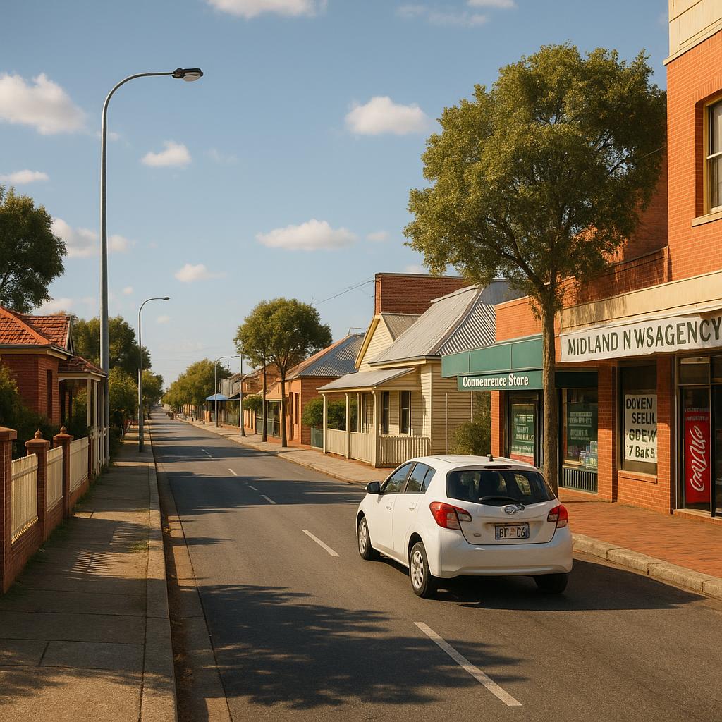 Midland WA streetscape with mixed housing and local convenience