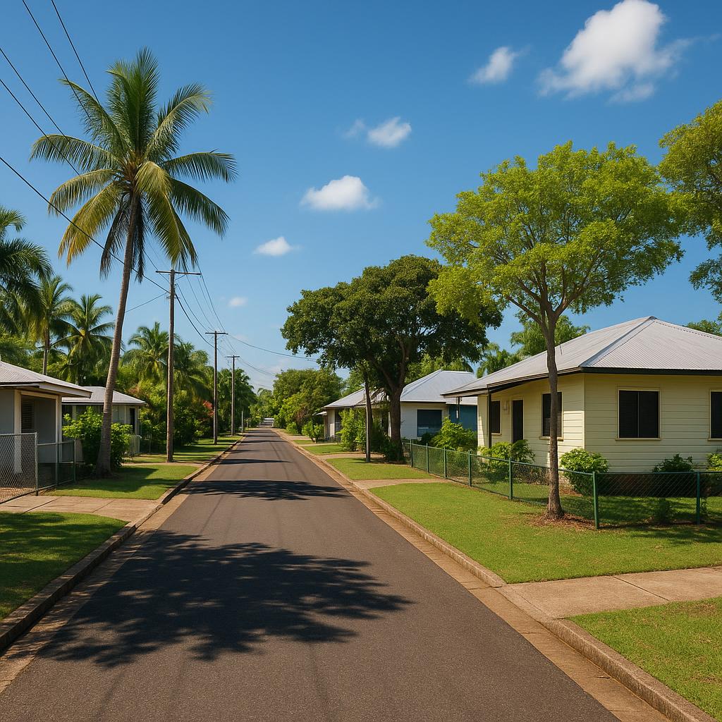 Millner NT suburban streetscape with tidy homes and tropical greenery