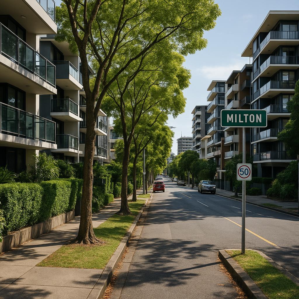 Milton Brisbane streetscape with apartments and leafy inner-city vibe