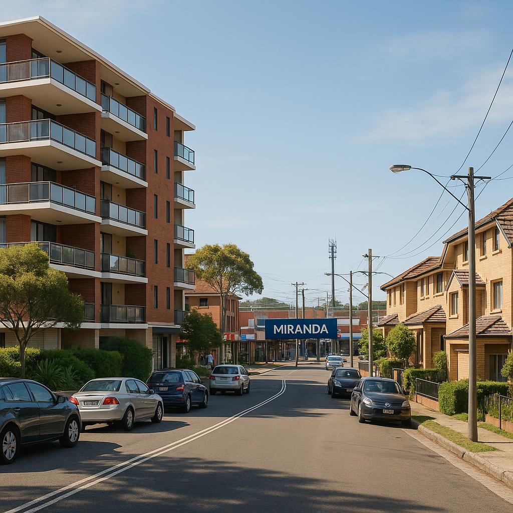 Miranda NSW streetscape with apartments and townhouses near local amenity