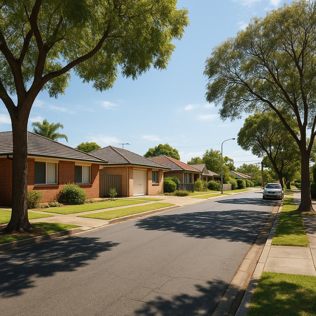 Photorealistic Mitchell Park suburban streetscape with tidy homes and mature trees