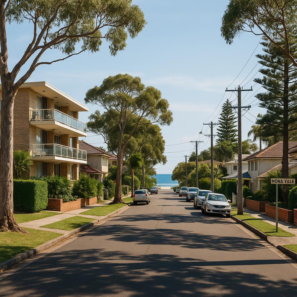 Photorealistic Mona Vale streetscape with coastal homes and leafy streets