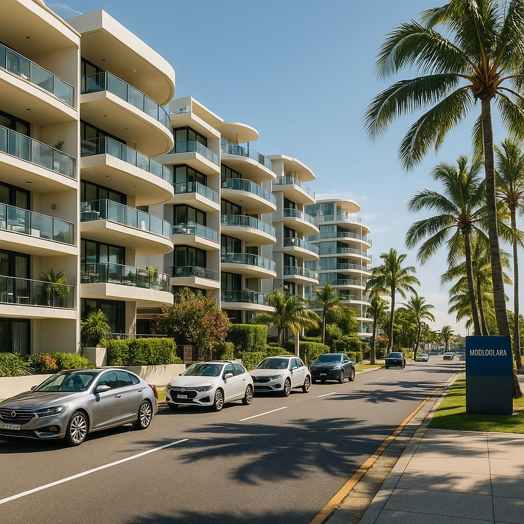 Mooloolaba coastal street with apartments and palms