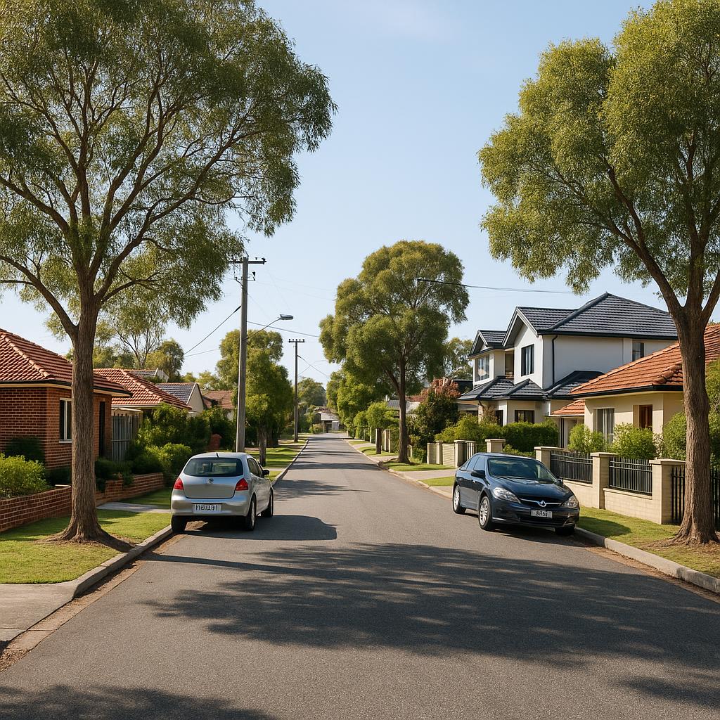 Established Perth suburb streetscape with mixed housing and mature trees