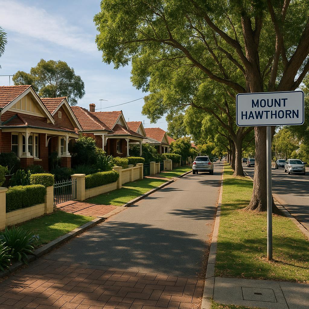 Mount Hawthorn streetscape with character homes and leafy verges