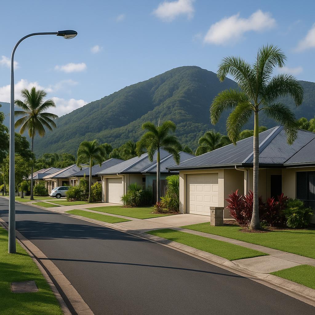 Neat Mount Sheridan suburban street with family homes and tropical greenery